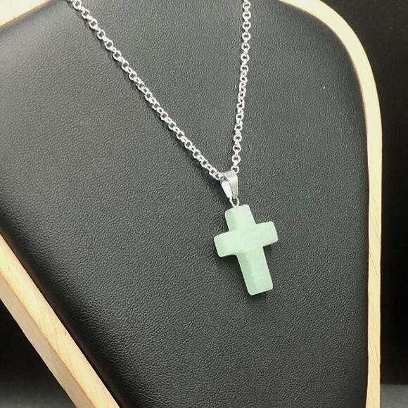 s-l1200.png 925 Silver Necklace w/ Cross Green Jade Womens Mens Christmas Birthday Gift NEW